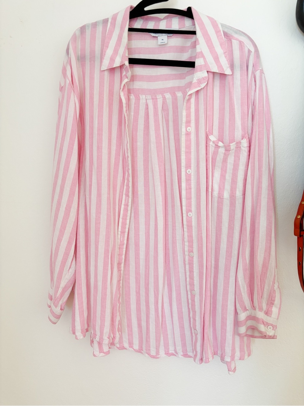 Linen-Blend Pink and White StripeButton-Down Boyfriend Shirt Size XL